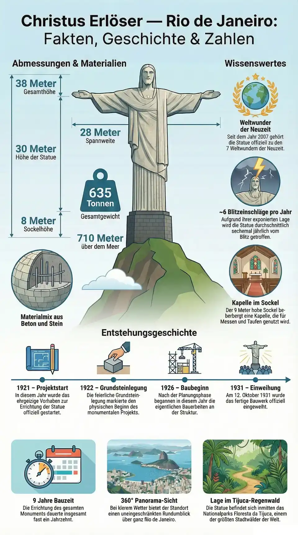 Infografik zum Christus Erlöser in Rio de Janeiro: Höhe 38 Meter, Armspannweite 28 Meter, Gewicht 635 Tonnen, Höhe über dem Meeresspiegel 710 Meter, erbaut 1922–1931