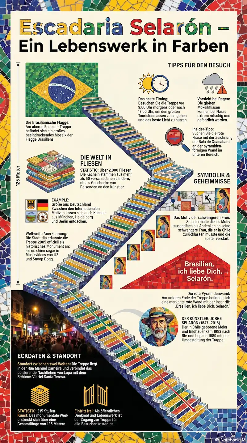 Infografik zur Escadaria Selarón: 215 Stufen, 125 m lang, über 2.000 Fliesen aus 60 Ländern, kostenloser Eintritt, erbaut 1990–2013