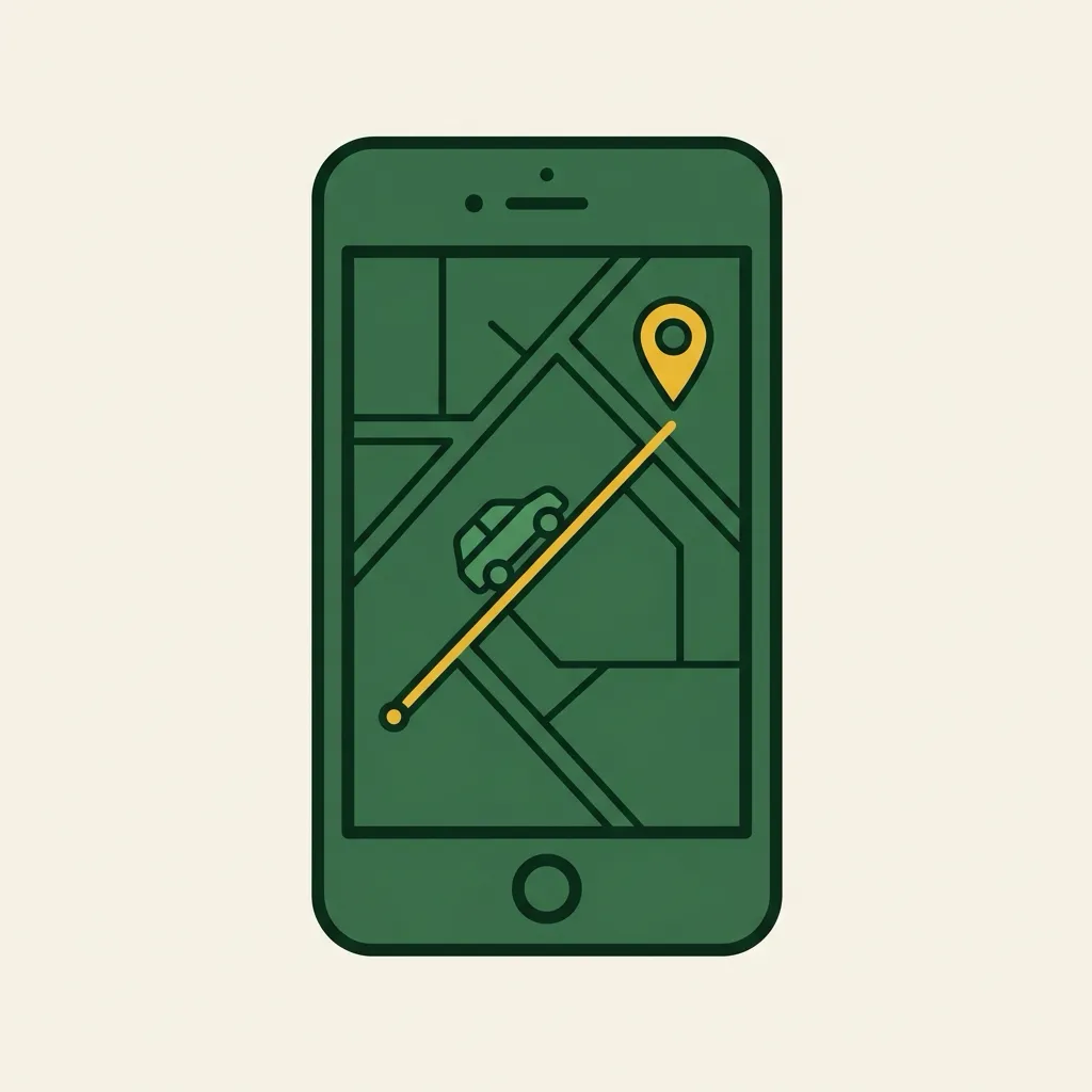 Handy mit Fahr-App und eingezeichneter Route zum Ziel