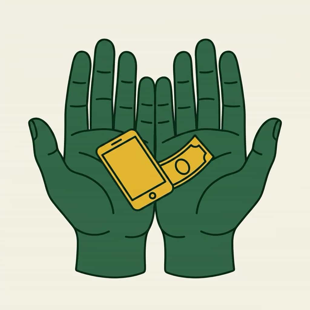 Zwei geöffnete Hände, die ruhig Handy und Geld herausgeben